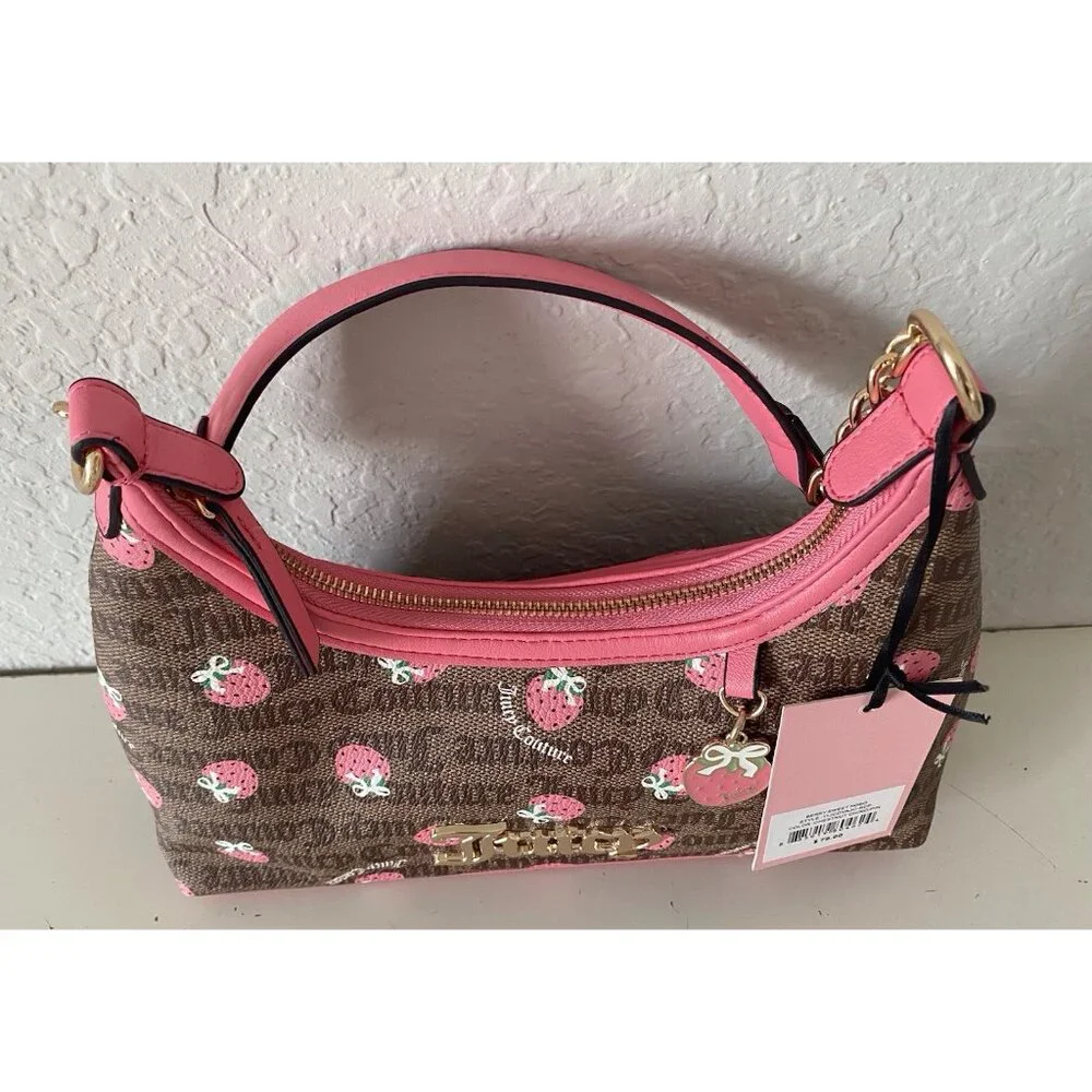 Juicy Couture Berry Sweet Hobo Bag Chestnut Chino‎ W/Strawberry Charm NEW
